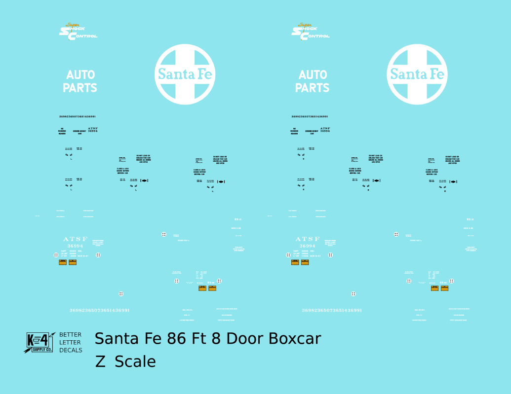 Santa Fe 86 Ft 8 Door Auto Parts Boxcar White and Yellow - Decal - Choose Scale