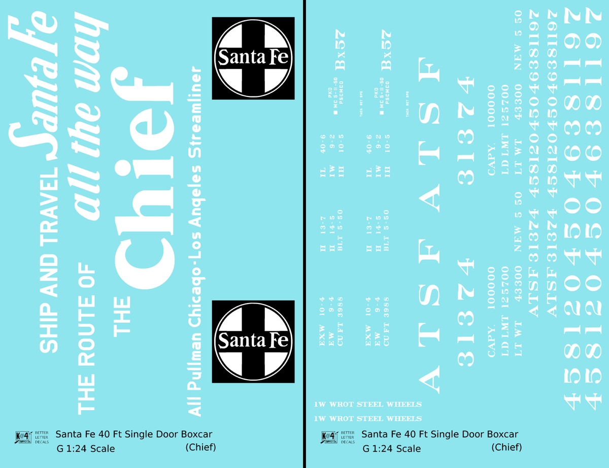 Santa Fe 40 Ft Single Door Boxcar White Chief - Decal - Choose Scale