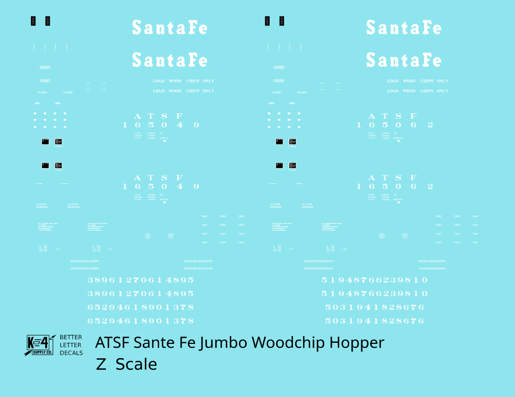 Santa Fe Jumbo Woodchip Hopper White - Decal - Choose Scale