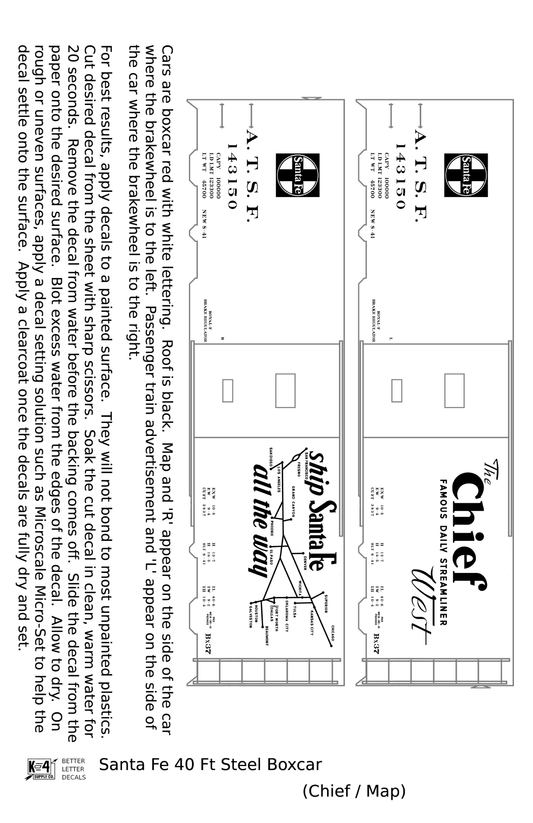 Santa Fe 40 Ft Single Door Boxcar White Chief/Map - Decal