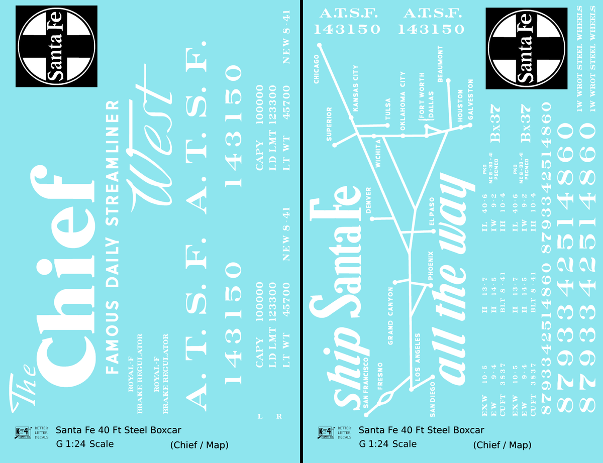 Santa Fe 40 Ft Single Door Boxcar White Chief/Map - Decal - Choose Scale