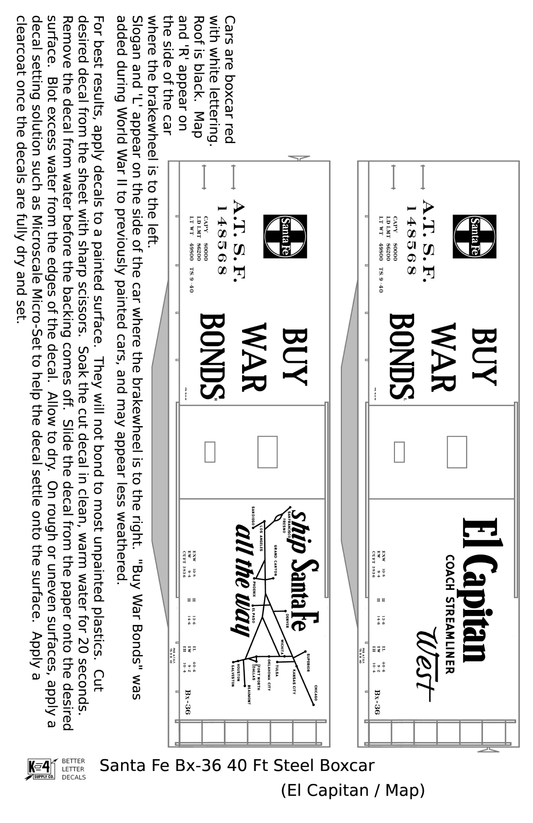 Santa Fe 40 Ft Single Door Boxcar White El Capitan Buy War Bonds - Decal