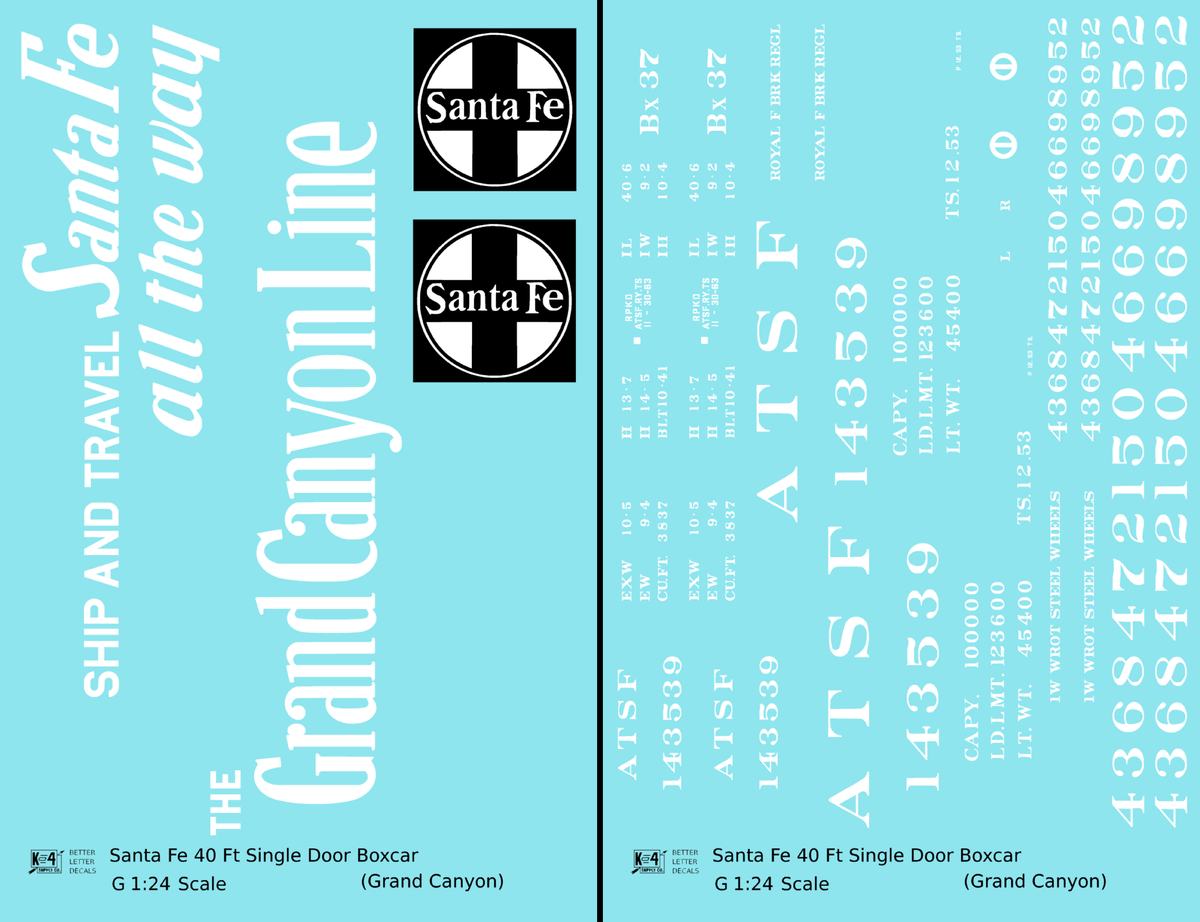 Santa Fe 40 Ft Single Door Boxcar White Grand Canyon - Decal - Choose Scale