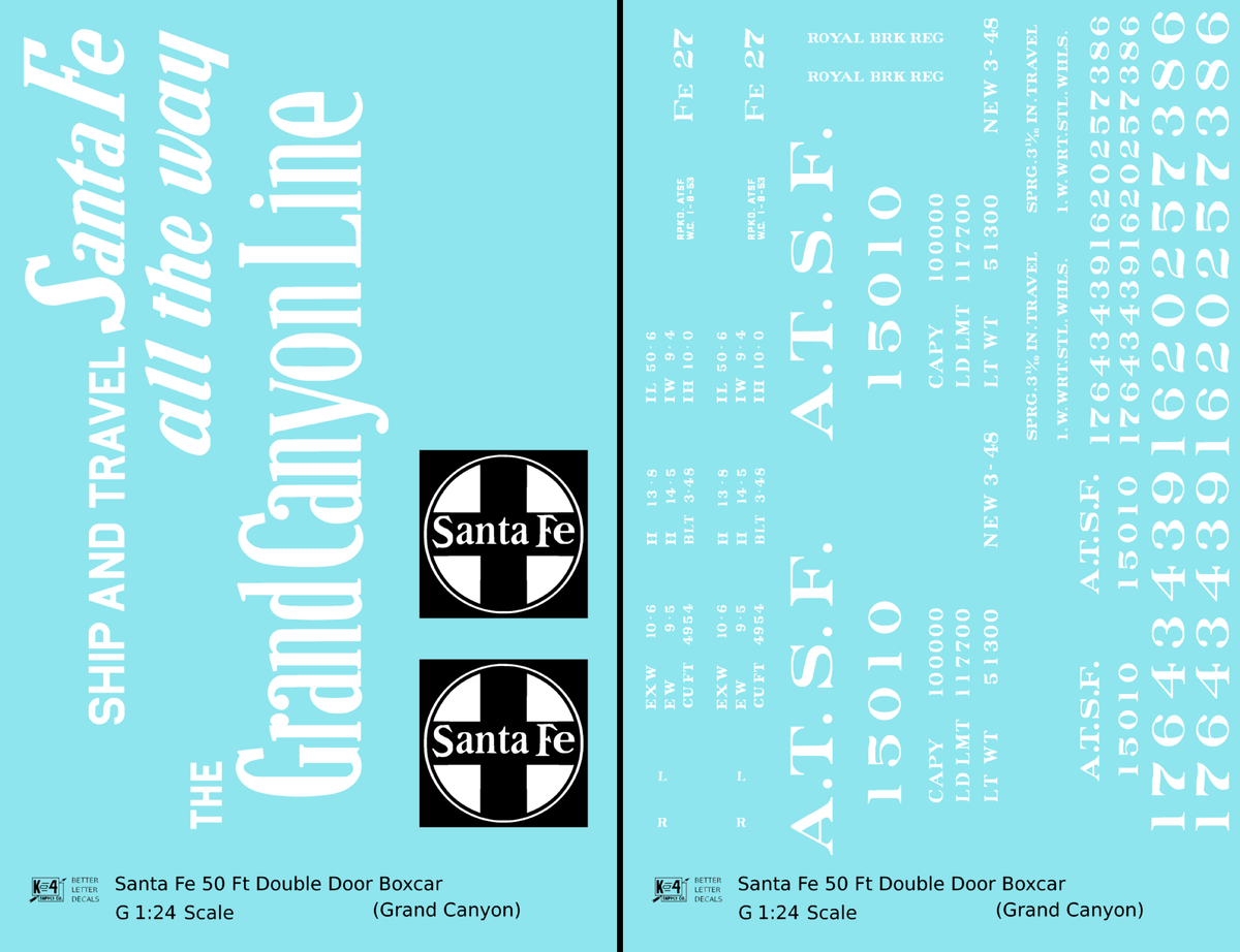 Santa Fe 50 Ft Double Door Boxcar White Grand Canyon - Decal - Choose Scale