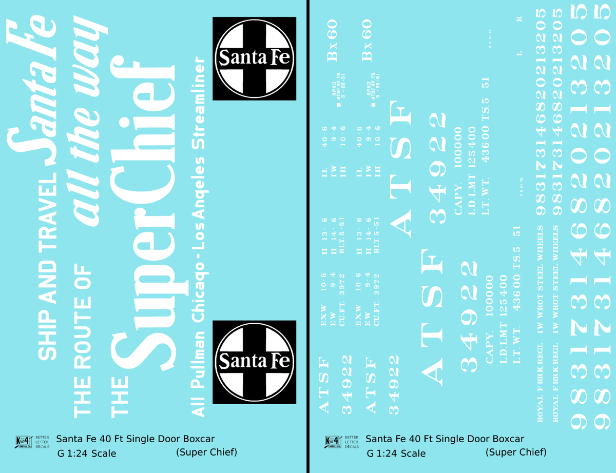 Santa Fe 40 Ft Single Door Boxcar White Super Chief - Decal - Choose Scale
