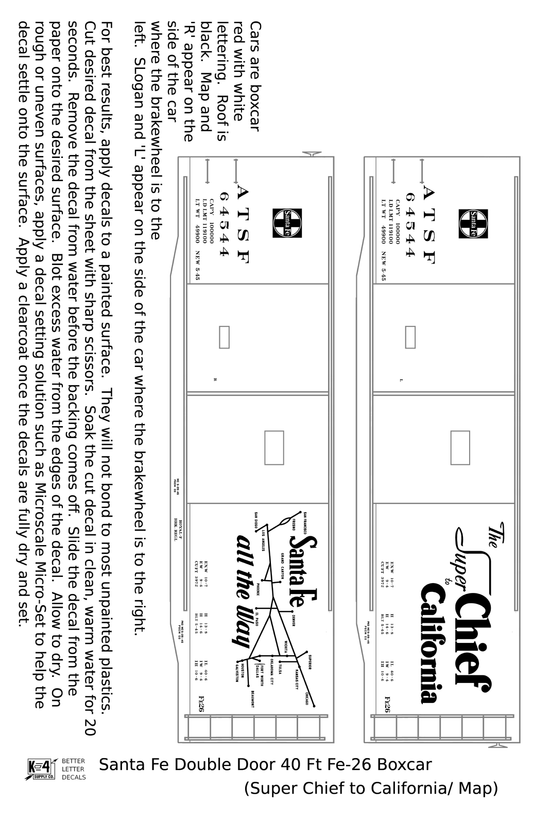Santa Fe 40 Ft Double Door Fe-26 Boxcar White Super Chief/Map - Decal