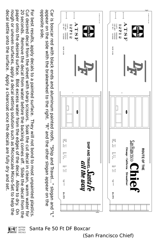 Santa Fe 50 Ft DF Boxcar White and Orange San Francisco Chief - Decal