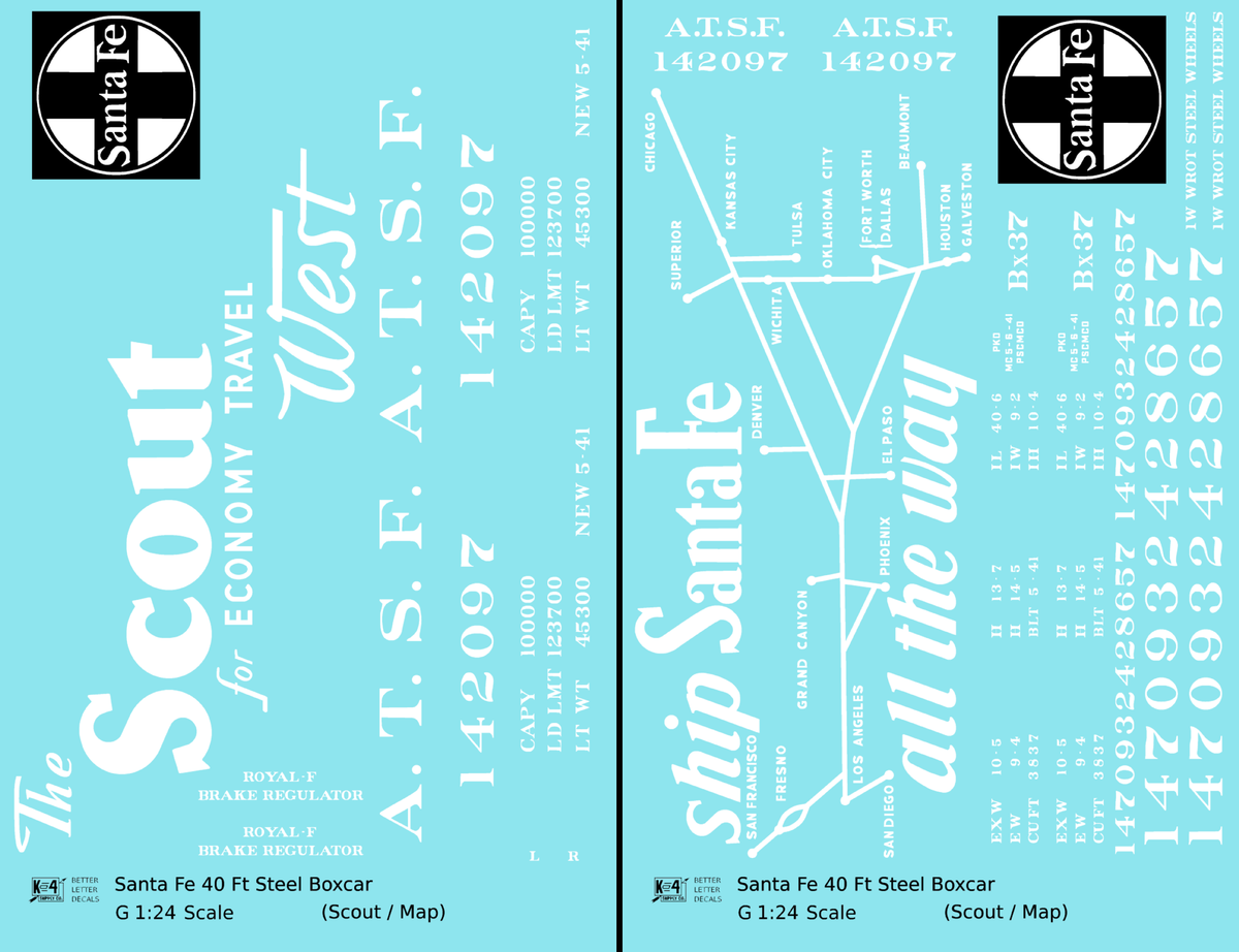Santa Fe 40 Ft Single Door Boxcar White Scout/Map - Decal - Choose Scale