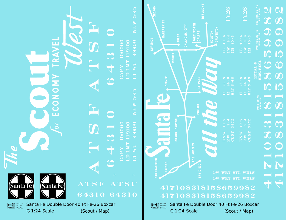 Santa Fe 40 Ft Double Door Fe-26 Boxcar White Scout/Map - Decal - Choose Scale