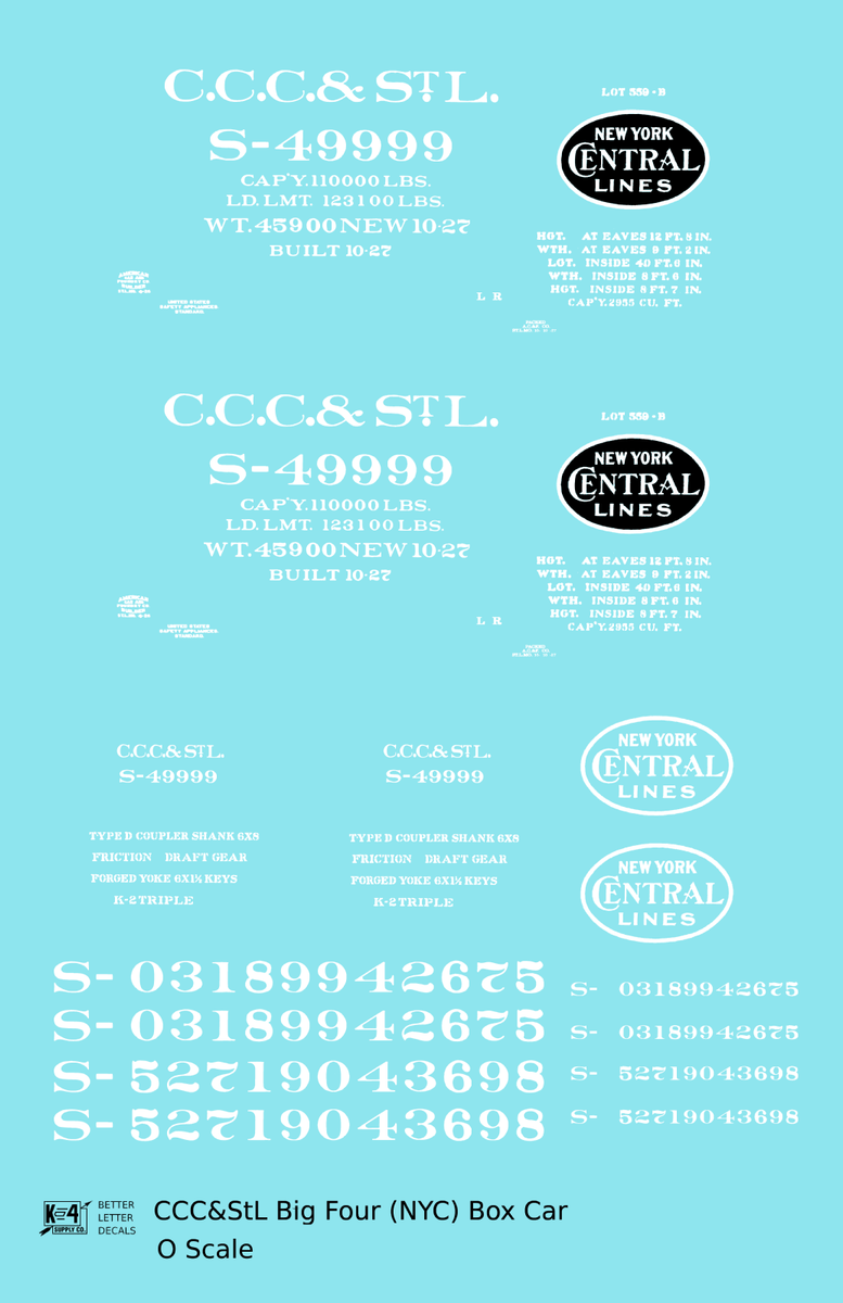 CCC&StL Big Four 40 Ft Boxcar White New York Central - Decal