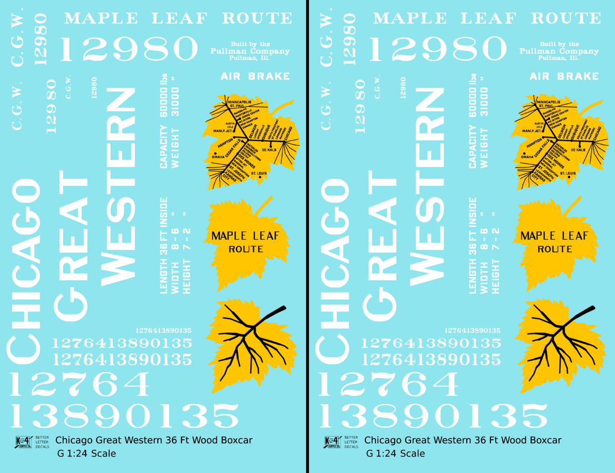 Chicago Great Western 36 Ft Wood Boxcar White and Yellow Leaf Herald - Decal - Choose Scale