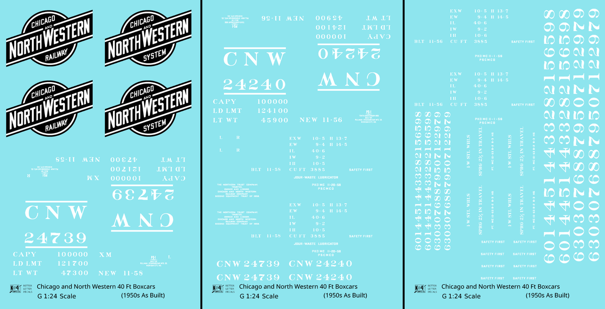 Chicago and North Western 40 Ft Boxcar White and Black Railway/System Herald - Decal - Choose Scale