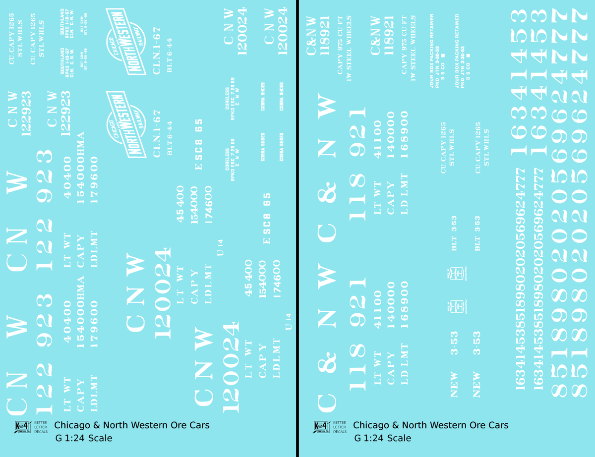 Chicago and North Western Ore Jenny Car White - Decal - Choose Scale