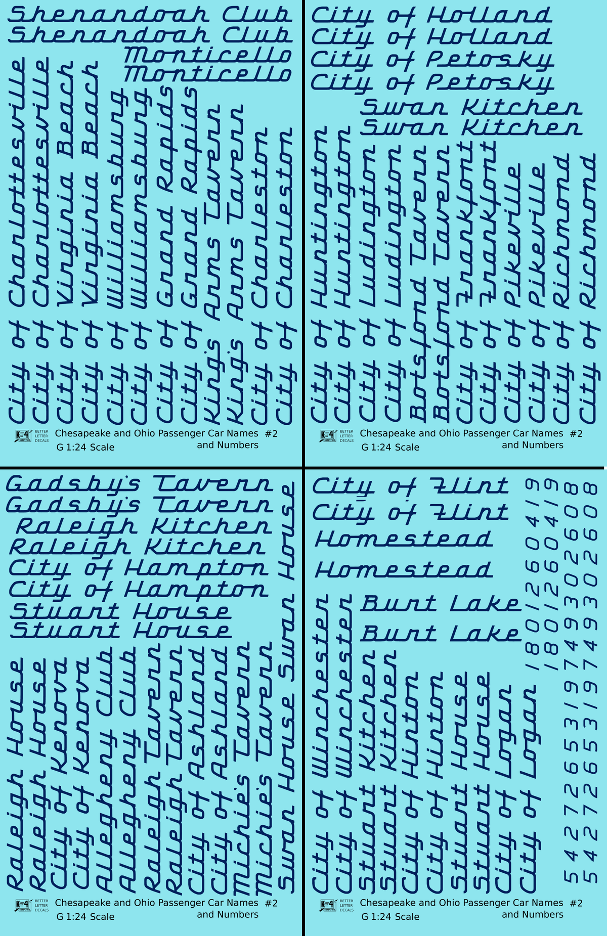 Chesapeake and Ohio Passenger Car Names Dark Blue #2 - Decal - Choose Scale