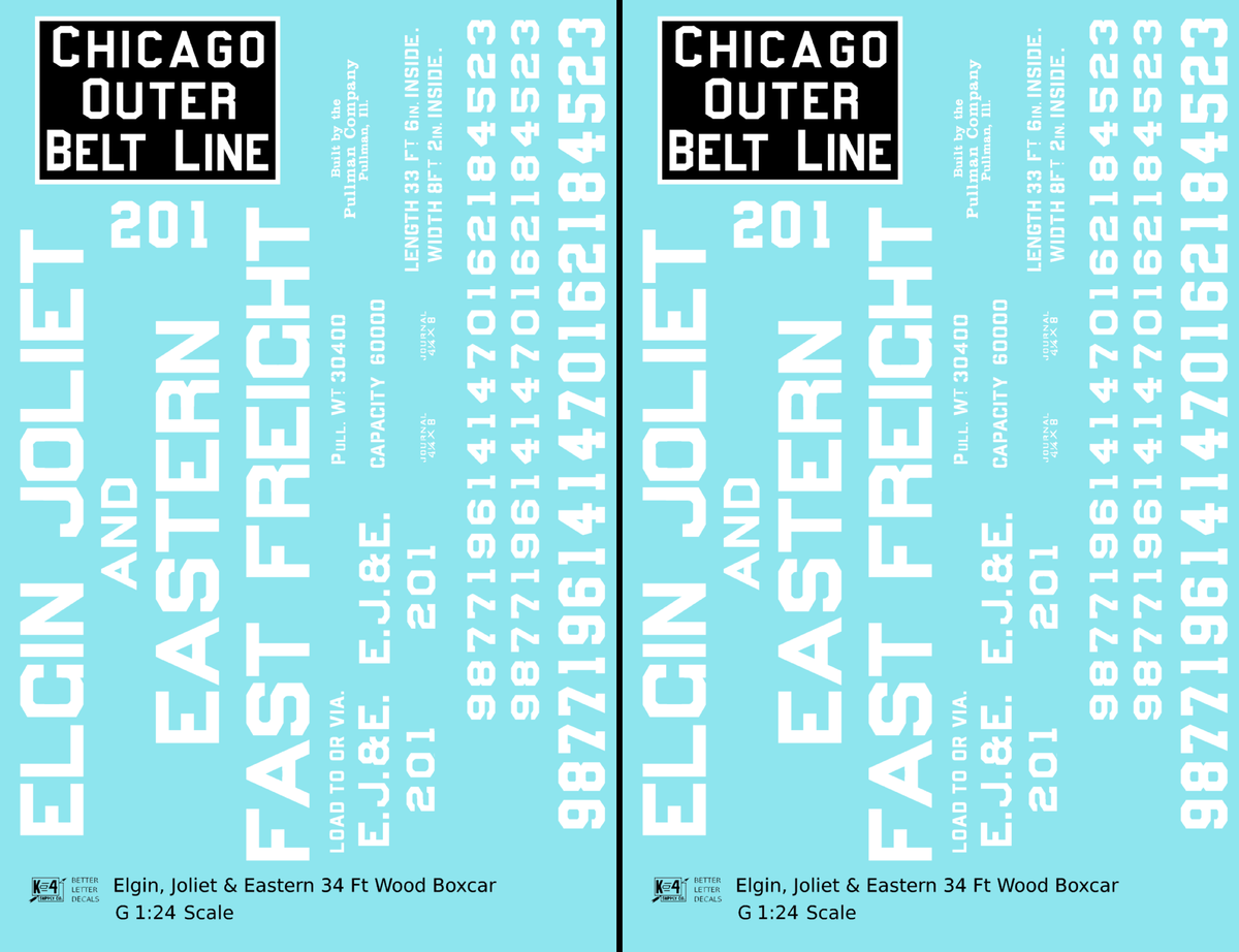 Elgin Joliet and Eastern 34 Ft Wood Boxcar White Fast Freight - Decal - Choose Scale