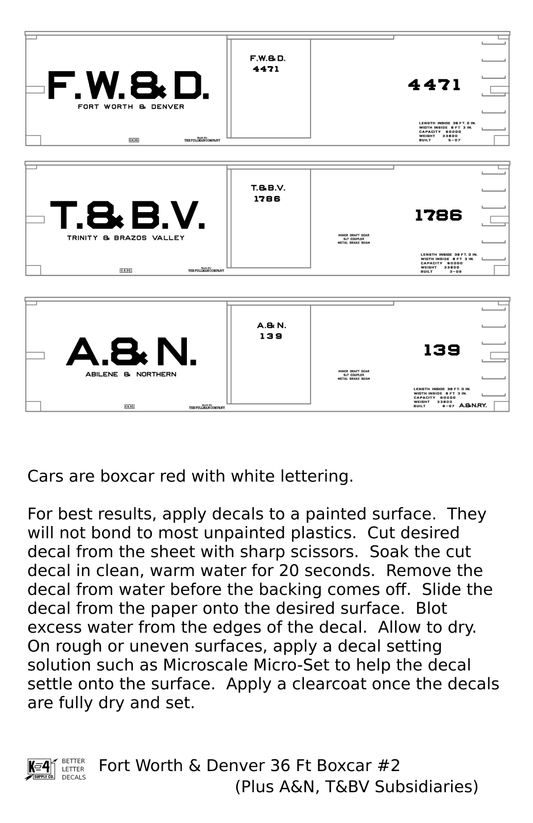 Fort Worth and Denver, Trinity and Brazos Valley, Abilene and Northern 36 Ft Wood Boxcar White - Decal