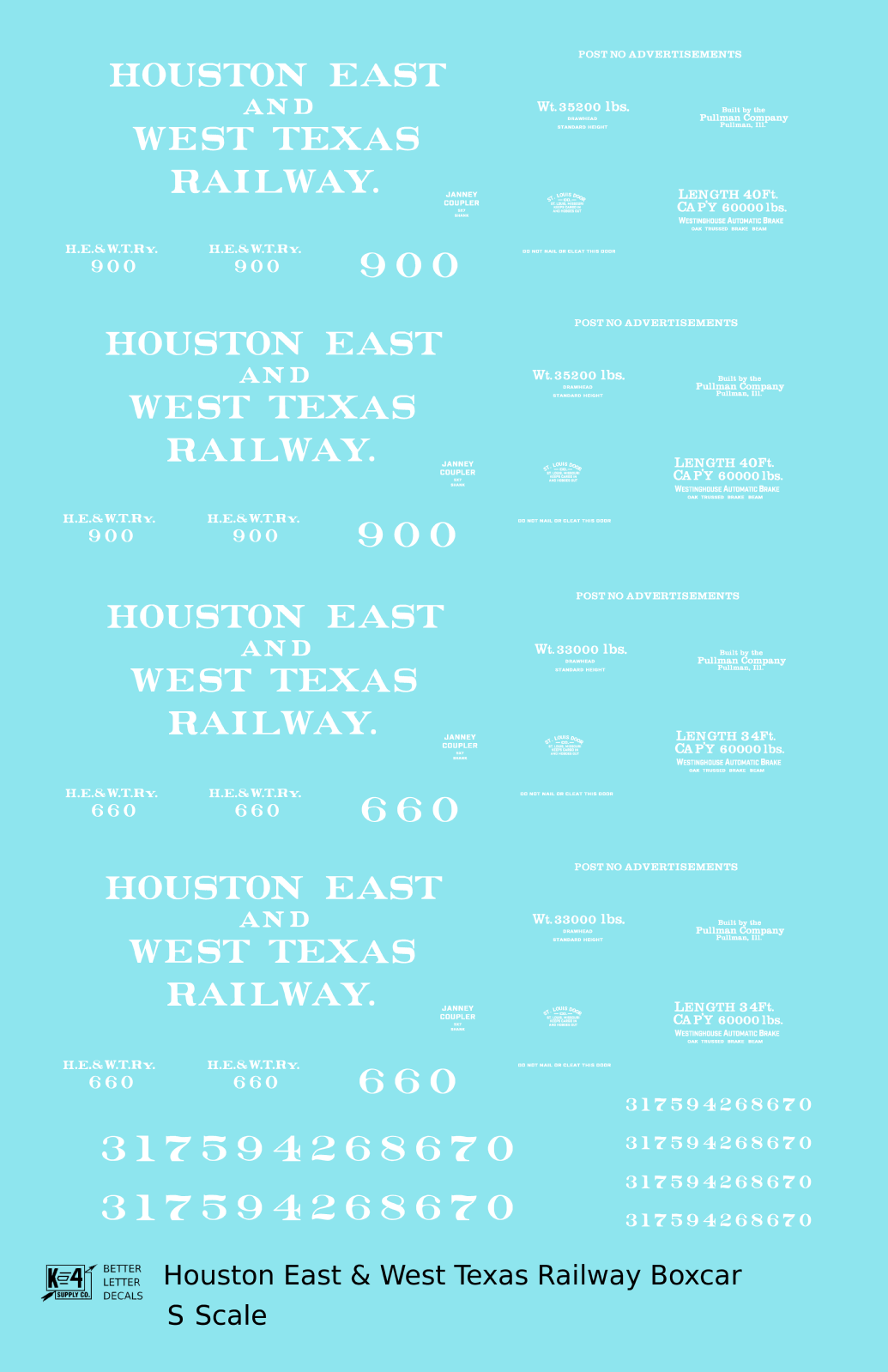 Houston East and West Texas Railway 34 and 40 Ft Boxcars White