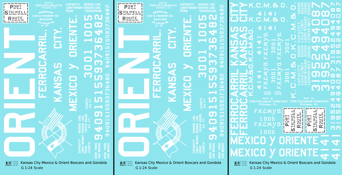 Kansas City, Mexico and Orient Boxcars and Gondola White KCMO - Decal - Choose Scale