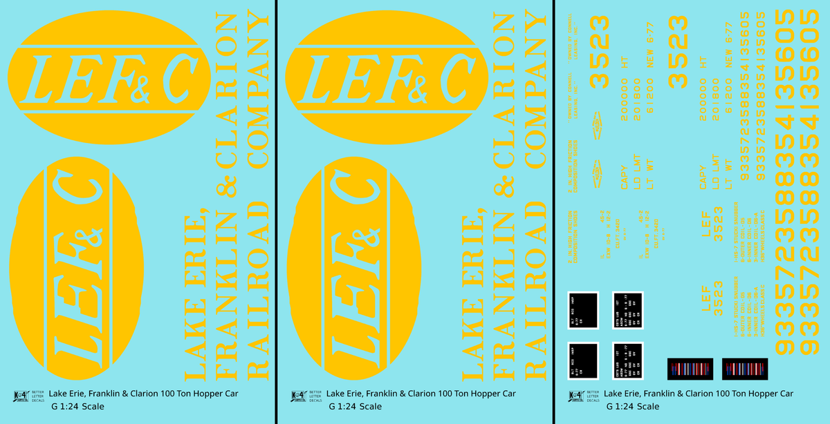 Lake Erie, Franklin & Clarion 100 Ton Hopper Car Yellow LEFC - Decal - Choose Scale