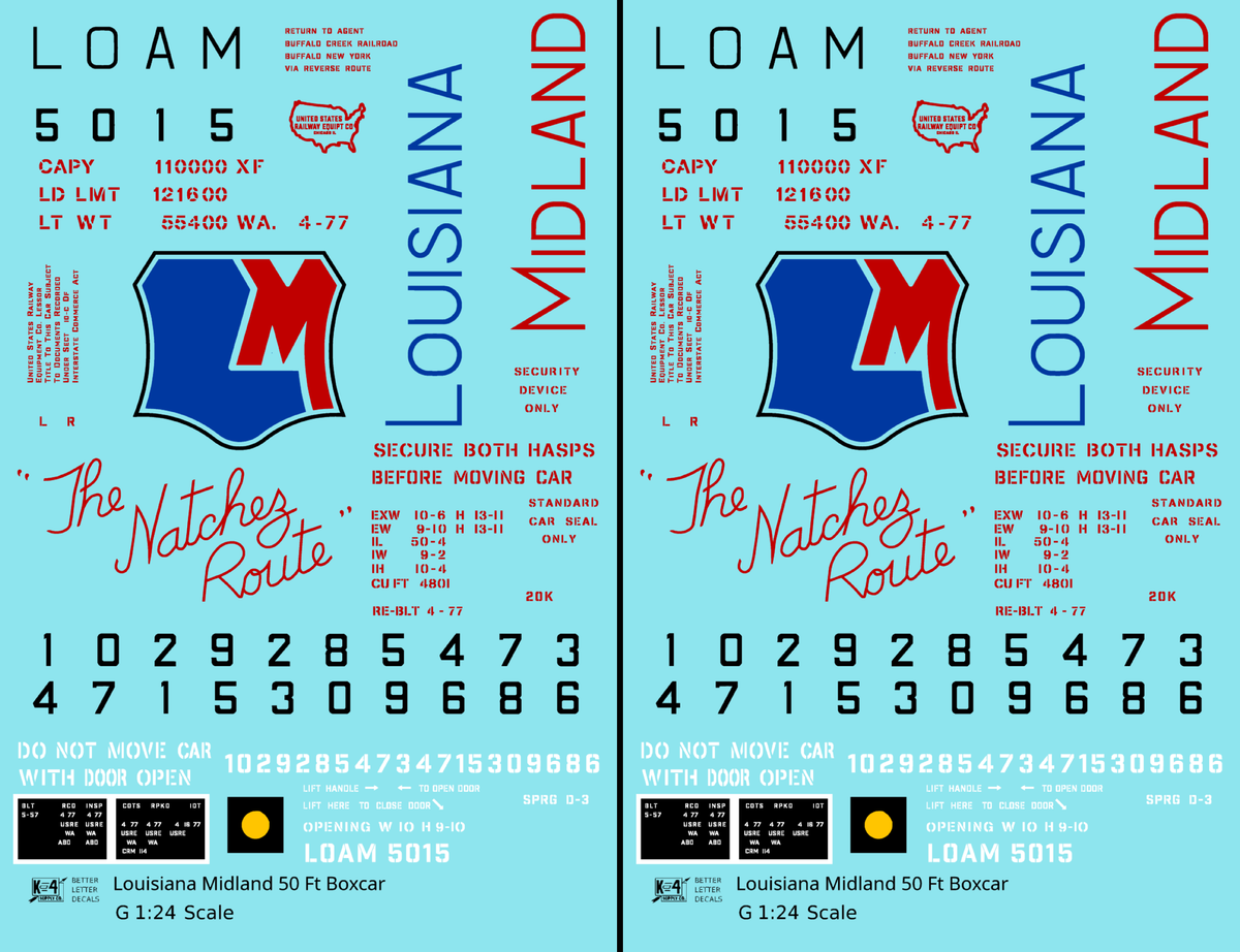 Louisiana Midland LOAM 50 Ft PS1 Boxcar Red Blue The Natchez Route - Decal - Choose Scale