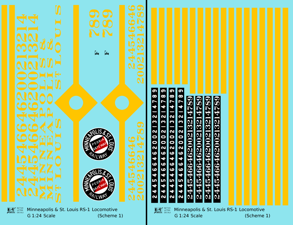 Minneapolis and St Louis ALCO RS1 Diesel Locomotive Yellow Scheme 1, Dark Blue Loco - Decal - Choose Scale