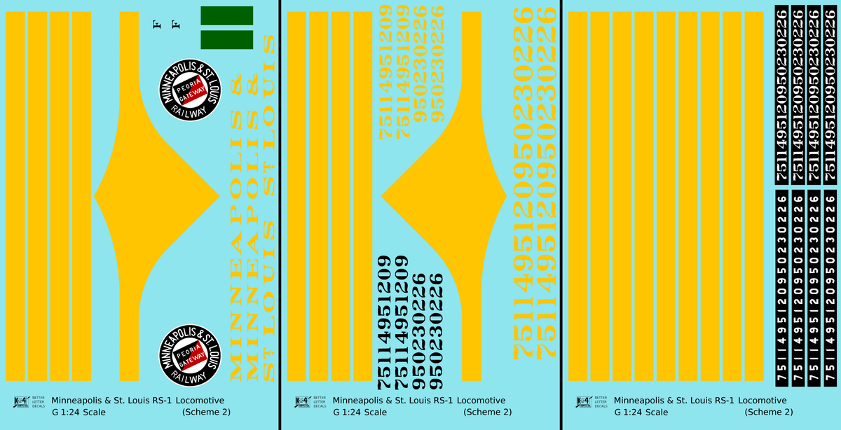 Minneapolis and St Louis ALCO RS1 Diesel Locomotive Yellow Scheme 2, Dark Green Loco - Decal - Choose Scale