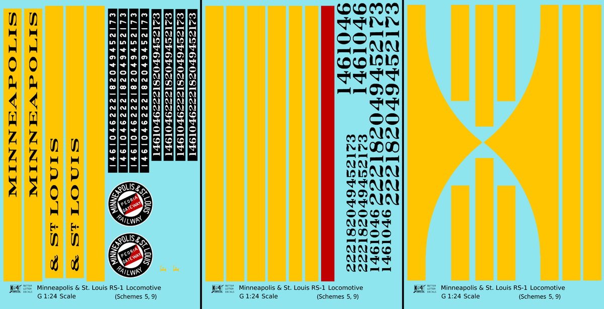 Minneapolis and St Louis ALCO RS1 Diesel Locomotive Yellow Schemes 5 and 9, Dark Green Locos - Decal - Choose Scale