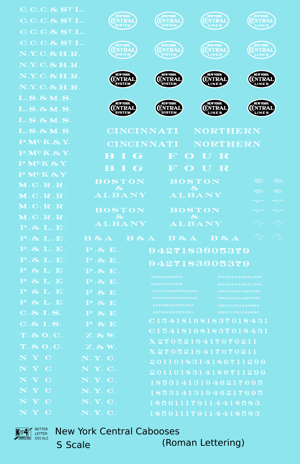 New York Central Cabooses White Roman Lettering