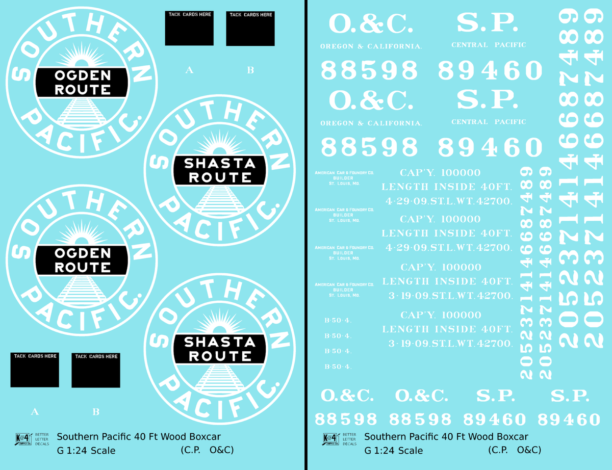 Oregon and California 40 Ft Wood Boxcar White Southern Pacific Shasta Route - Decal - Choose Scale