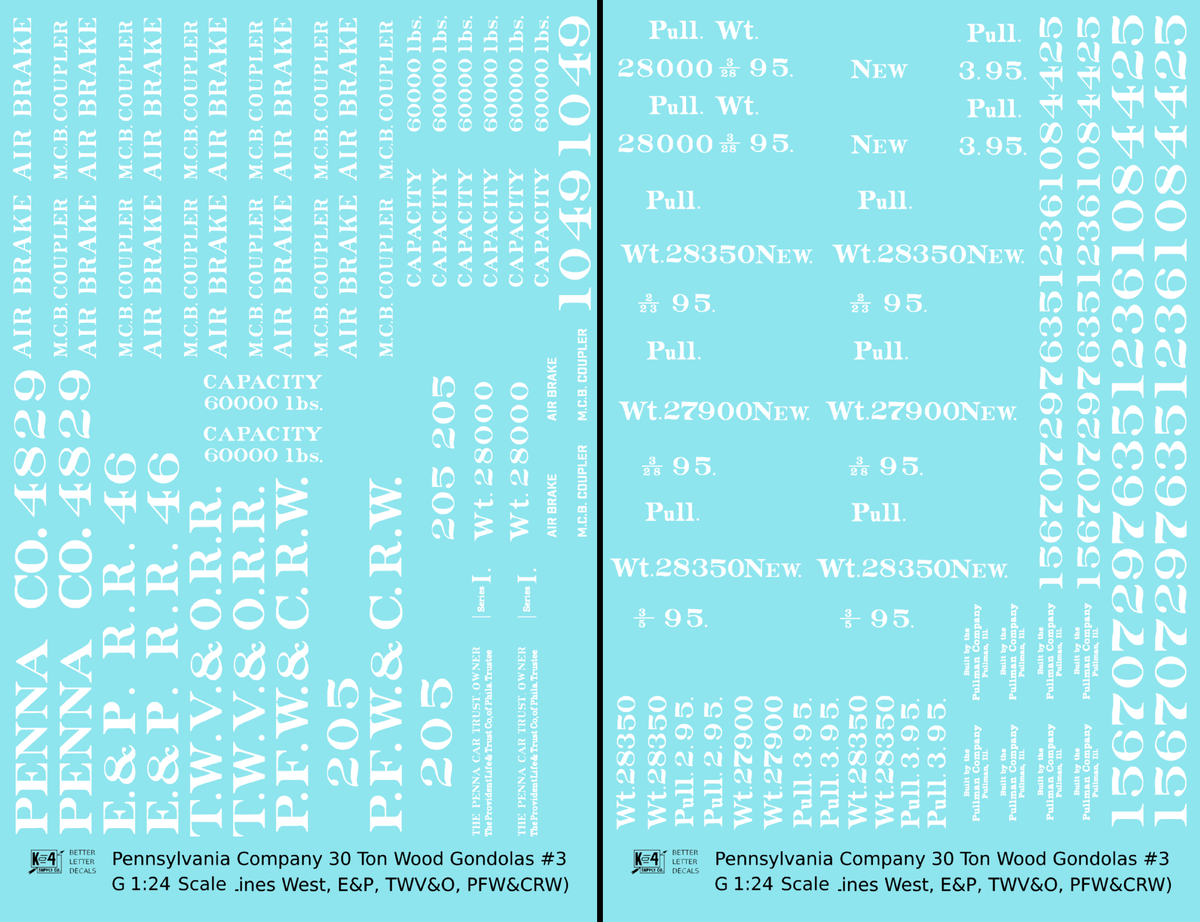 Pennsylvania PRR Lines West 30 Ton Wood Gondolas White TWV&O PFW&CRW E&P - Decal - Choose Scale