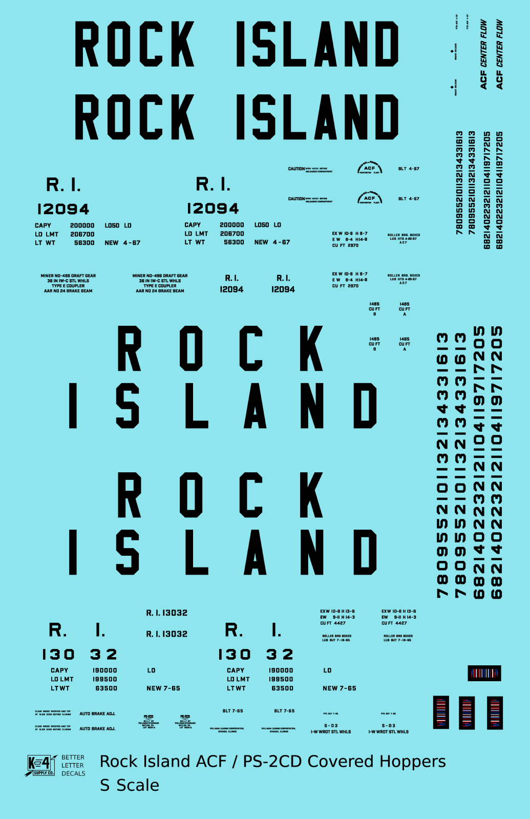 Rock Island ACF and PS-2 Covered Hopper Black Tall Block Letters
