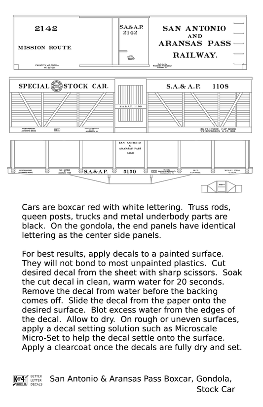 San Antonio and Aransas Pass Boxcar, Stock Car and Gondola White - Decal