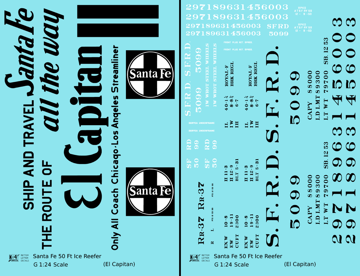 Santa Fe Reefer Despatch 50 Ft Ice Reefer Black El Capitan - Decal - Choose Scale