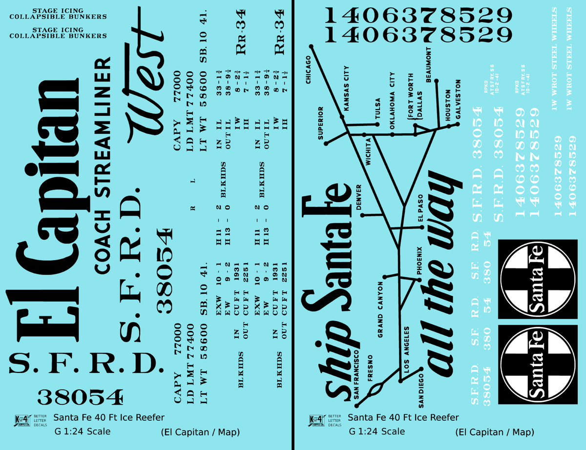 Santa Fe Reefer Despatch 40 Ft Ice Reefer Black El Capitan/Map - Decal - Choose Scale