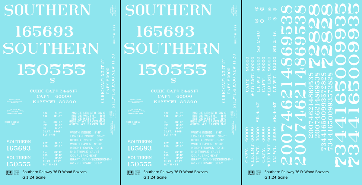Southern Railway 36 Ft Wood Boxcar White - Decal - Choose Scale