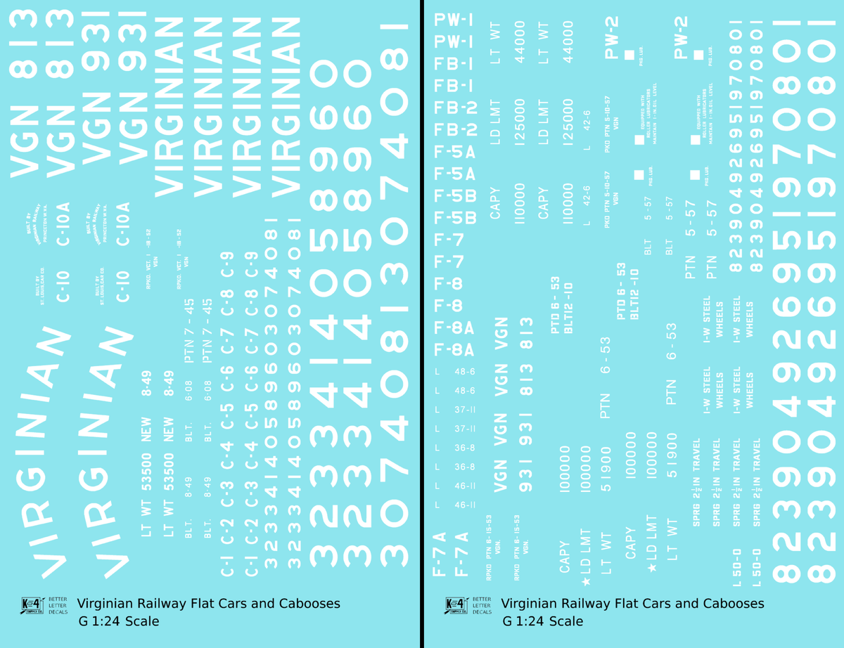 Virginian Flat Car and Caboose White - Decal - Choose Scale