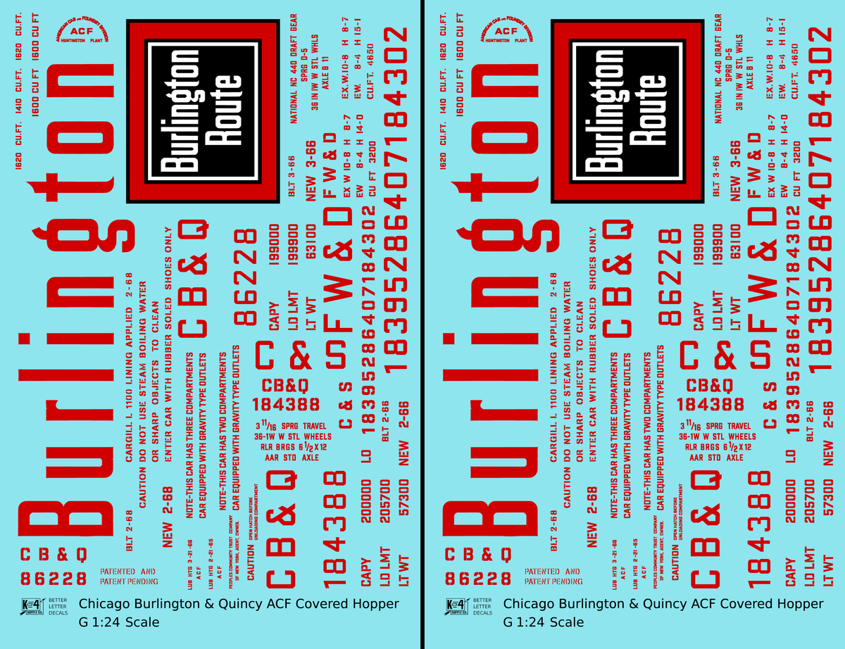 Burlington CB&Q ACF Covered Hopper Red - Decal - Choose Scale