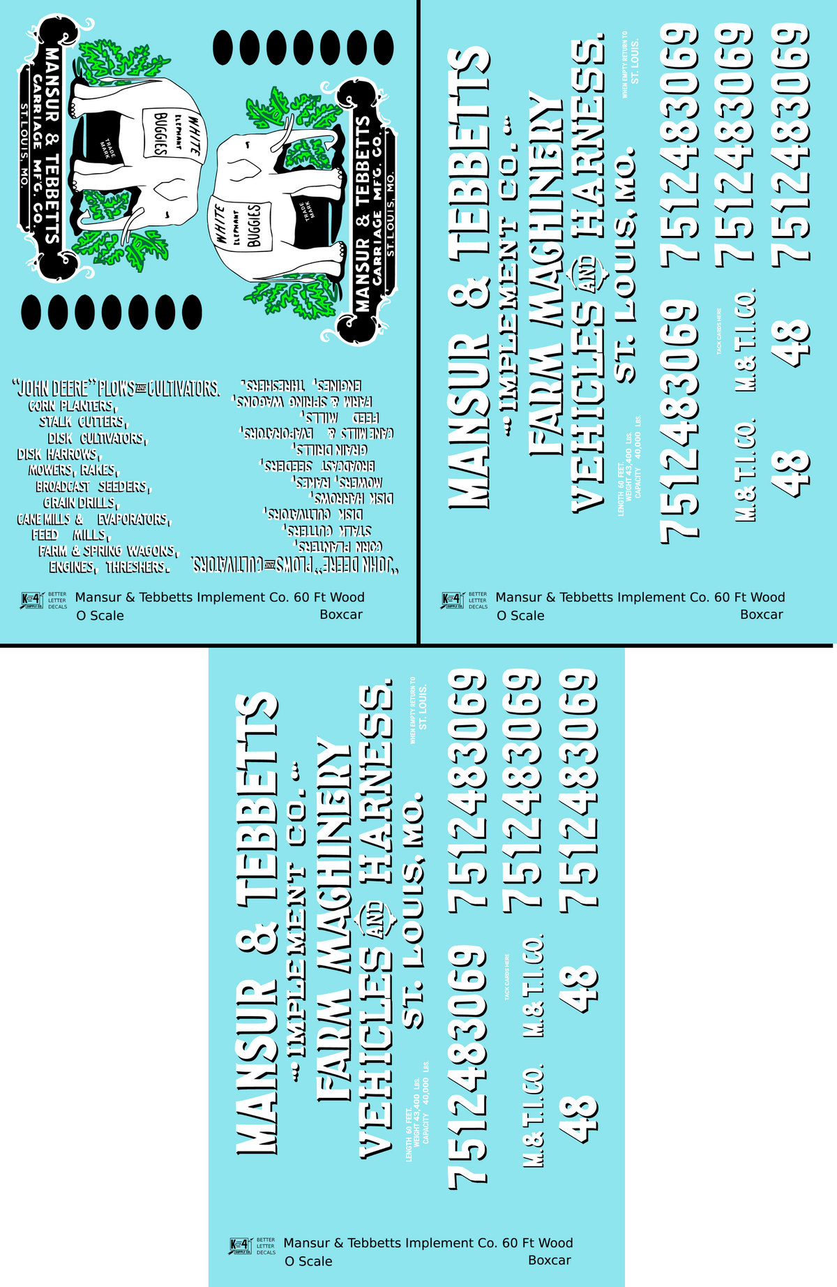 Mansur & Tebbetts Implement Co 60 Ft Billboard Boxcar White & Black