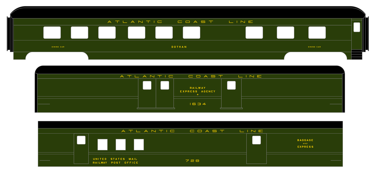 Atlantic Coast Line Heavyweight Passenger Car Yellow Coach Baggage RPO
