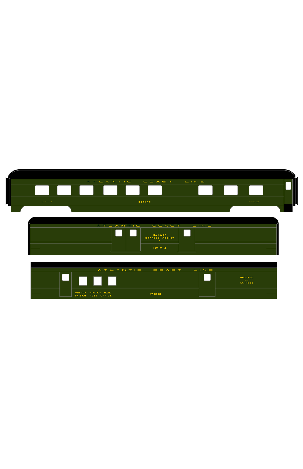 Atlantic Coast Line Heavyweight Passenger Car Yellow Coach Baggage RPO