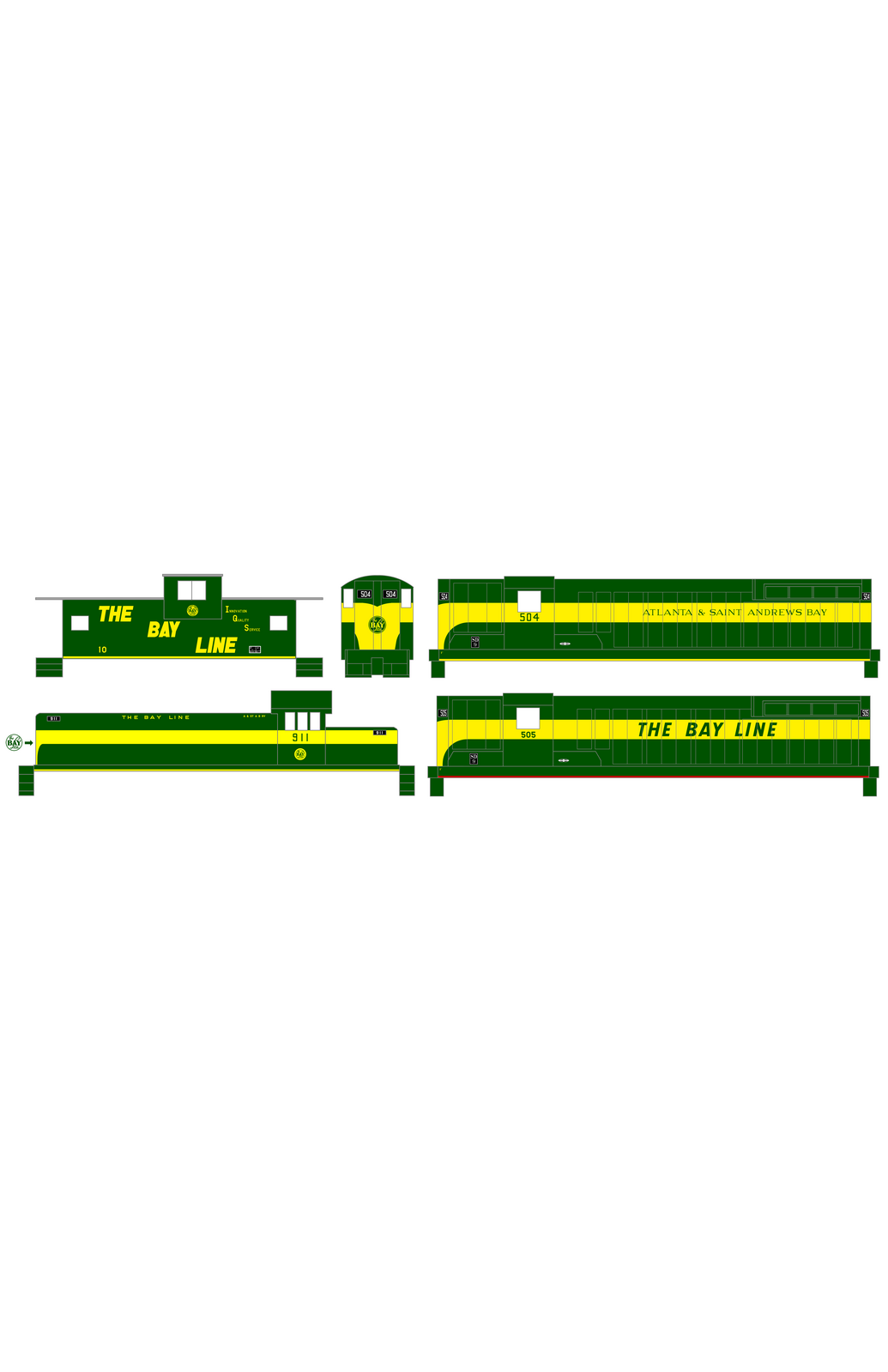 Atlanta and St Andrews Bay Line Locomotive and Caboose Green and Yellow