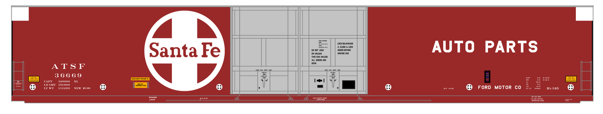 Santa Fe 86 Ft Pullman Auto Parts Boxcar White and Yellow