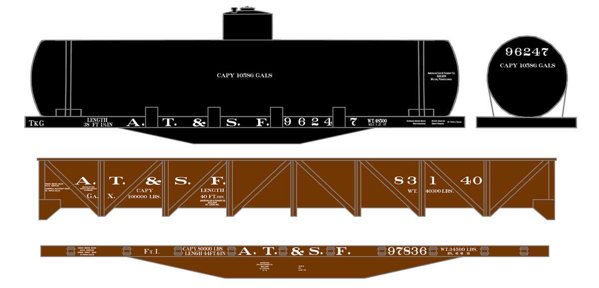 Santa Fe Early Flat Car, Gondola and Tank Car White