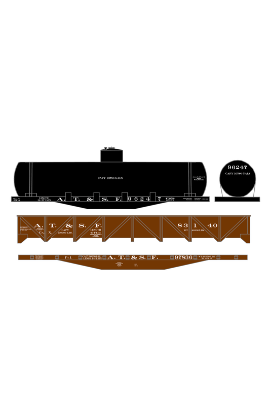 Santa Fe Early Flat Car, Gondola and Tank Car White