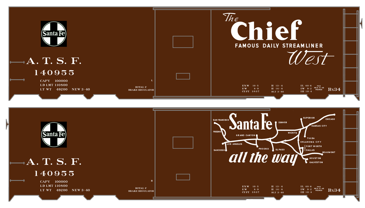 Santa Fe 40 Ft Single Door Boxcar White Chief Curvy Map - Decal