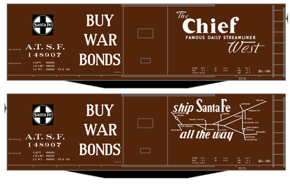 Santa Fe 40 Ft Single Door Boxcar White Chief Buy War Bonds - Decal