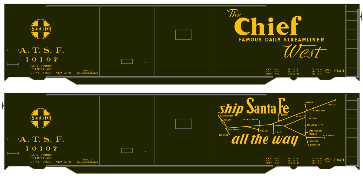 Santa Fe 50 Ft Double Door Express Boxcar Dulux Gold Chief/Map - Decal