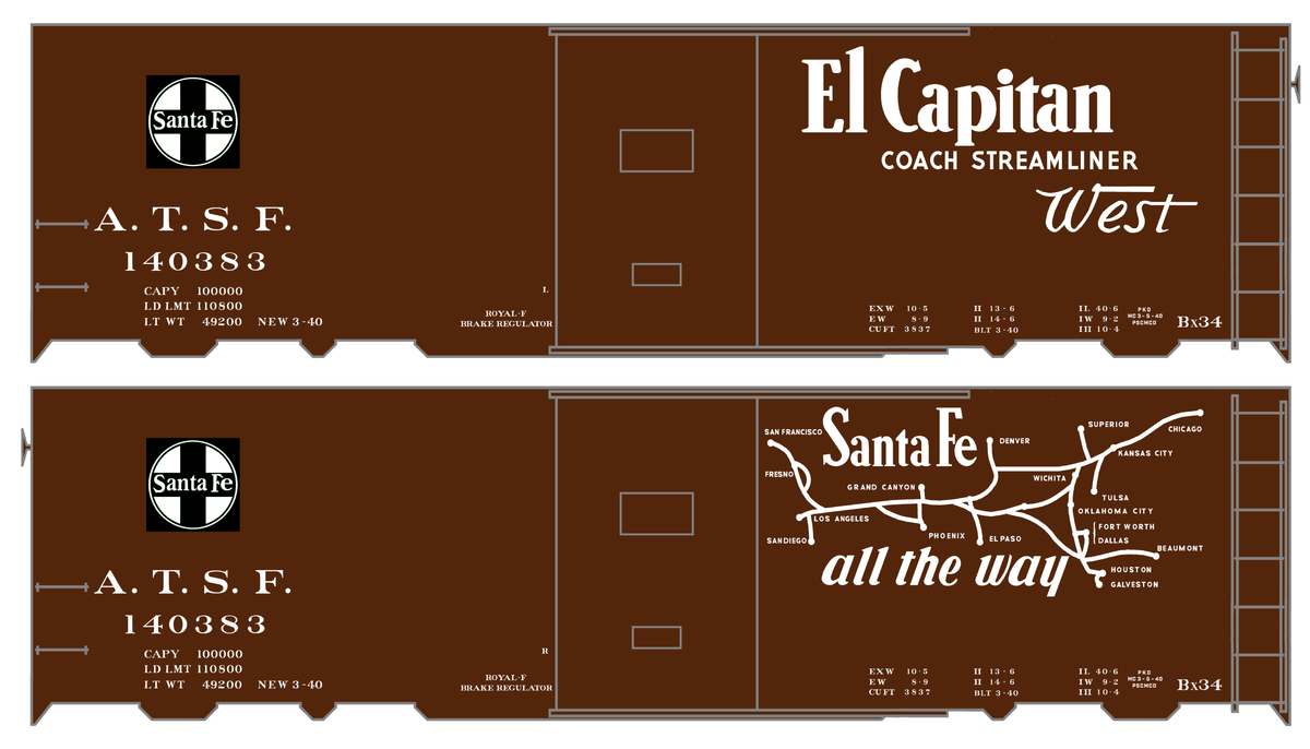 Santa Fe 40 Ft Single Door Boxcar White El Capitan Curvy Map - Decal