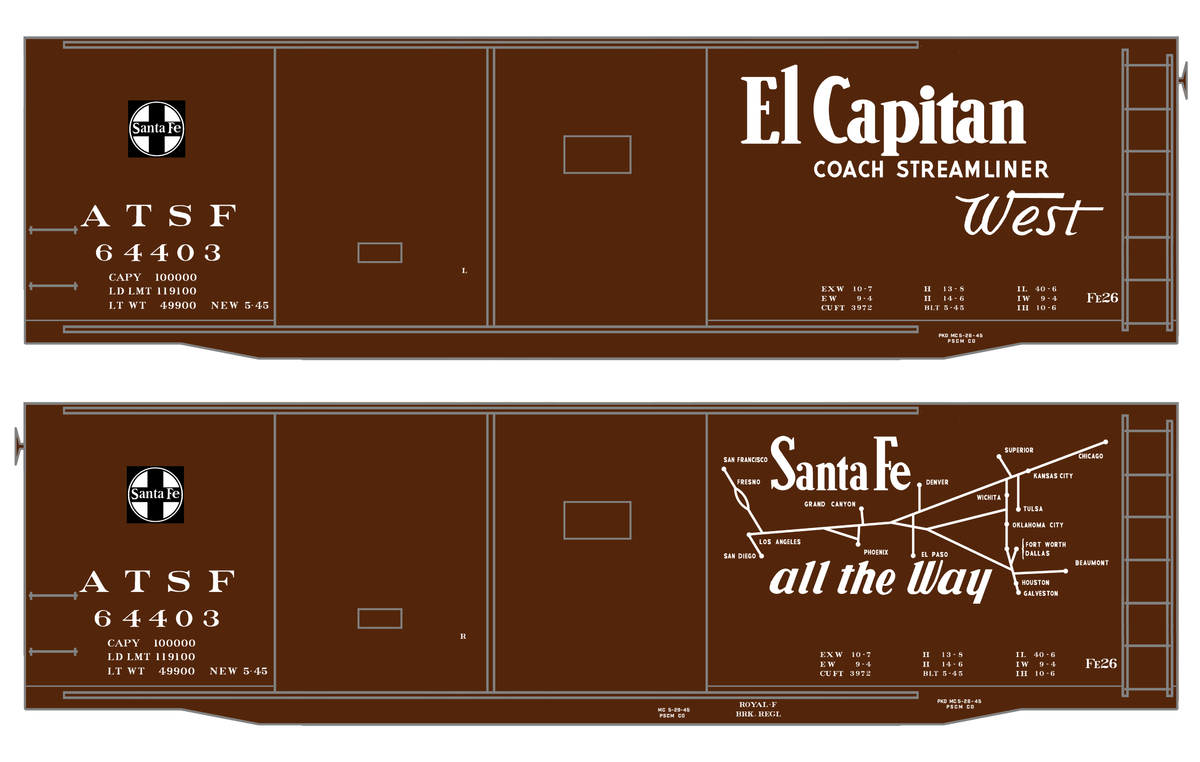Santa Fe 40 Ft Double Door Fe-26 Boxcar White El Capitan/Map - Decal