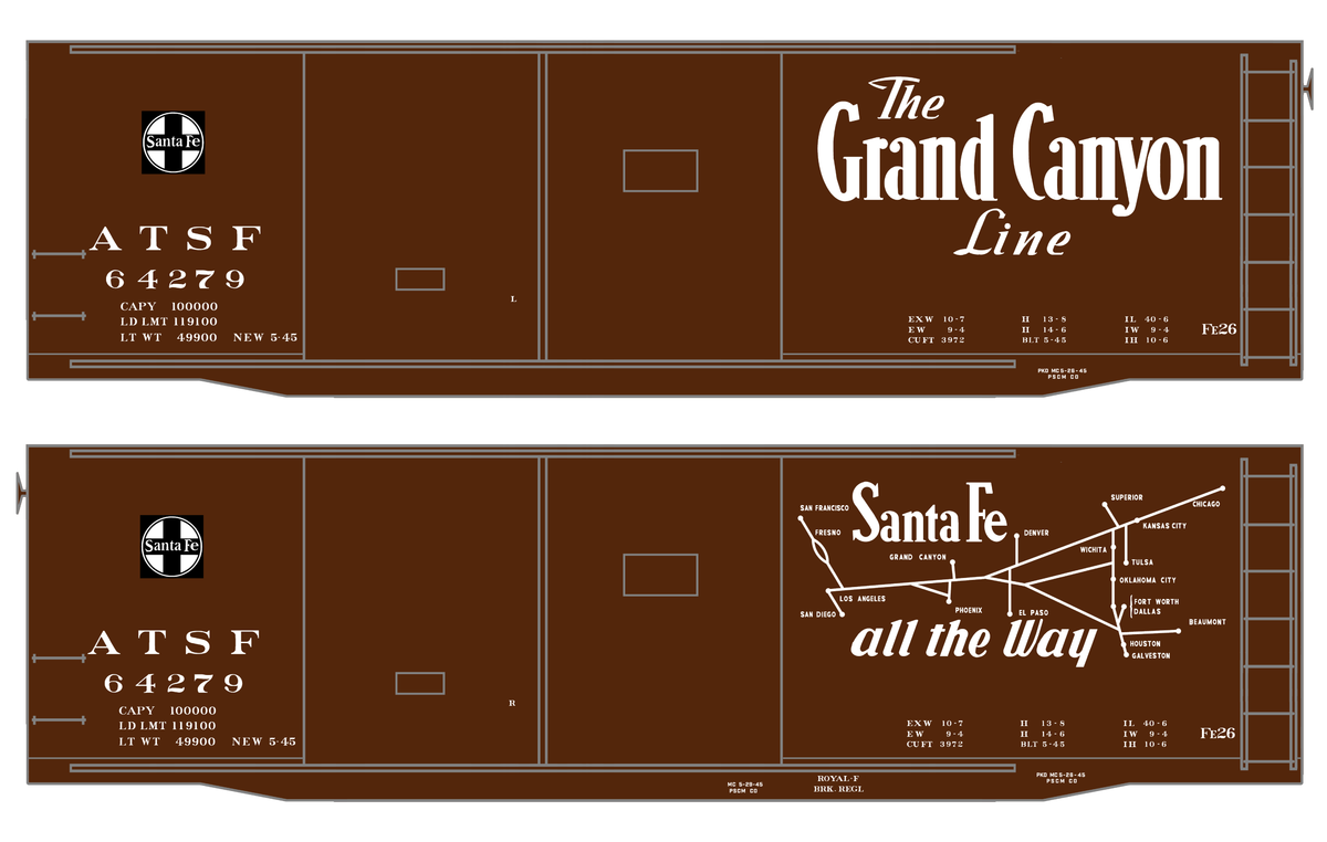 Santa Fe 40 Ft Double Door Fe-26 Boxcar White Grand Canyon/Map - Decal